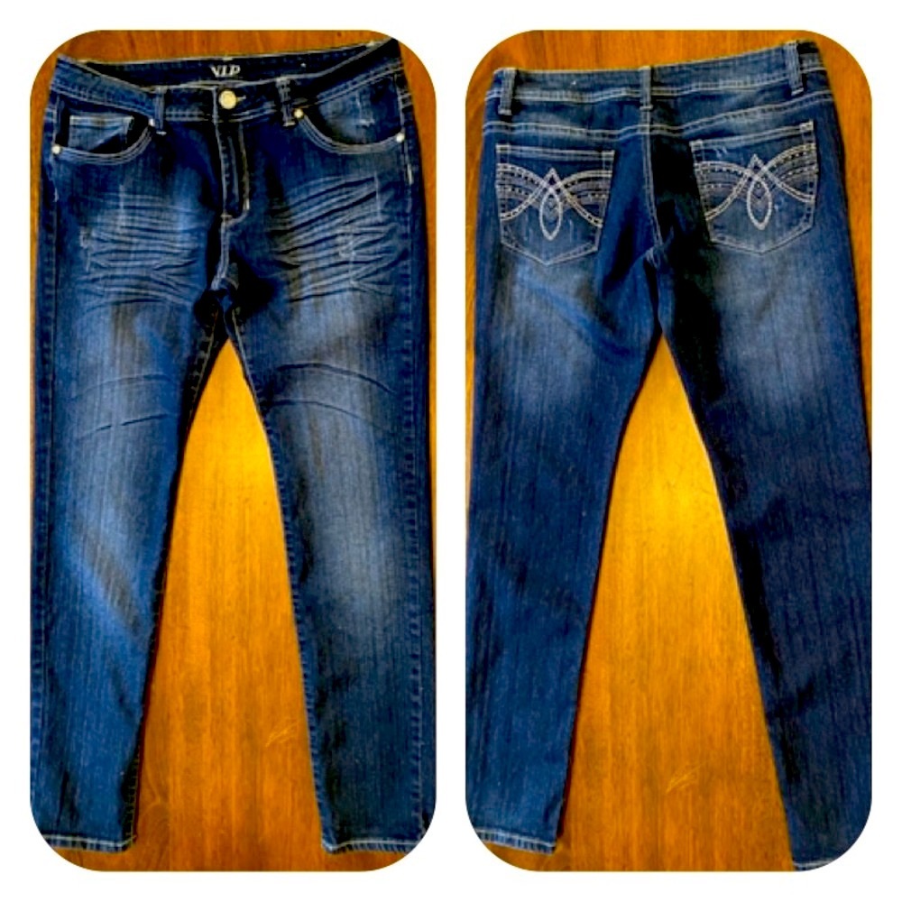 VIP Navy Blue Jeans, slightly white washed/ripped